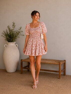 Rahi Floral Smocked Puff Sleeve Tiered Ditsy Mini Dress Sz S